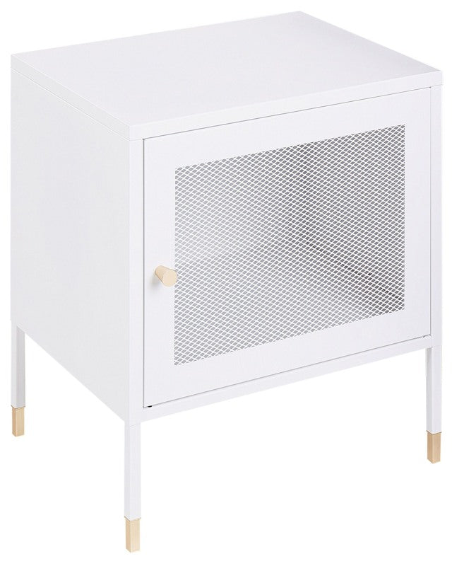 Bedside Table White Steel Powder Coated Mesh Door Nightstand Industrial Design Bedroom Storage Furniture  Beliani