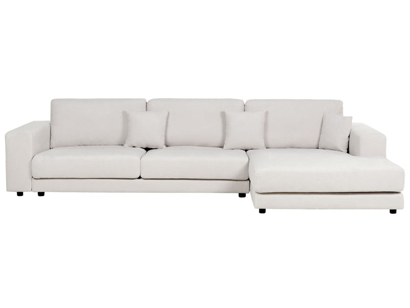 Left Hand 4 Seater Corner Sofa White Fabric Upholstered Track Armrests Additional Cushions Minimalistic Modern Style Beliani