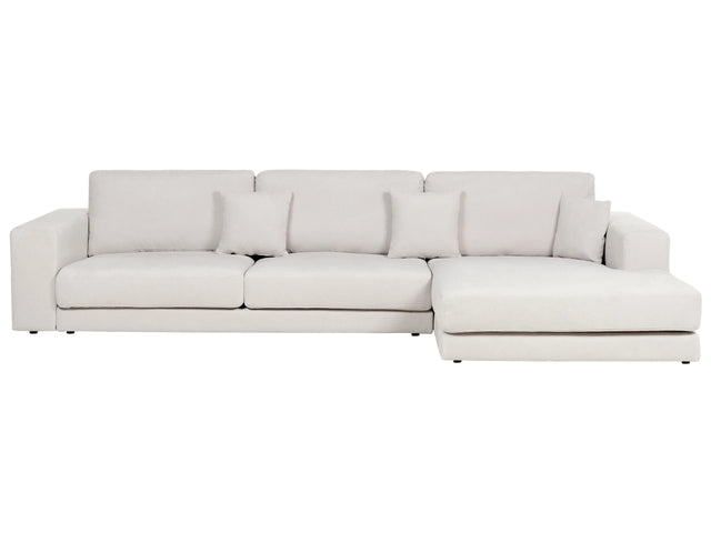 Left Hand 4 Seater Corner Sofa White Fabric Upholstered Track Armrests Additional Cushions Minimalistic Modern Style Beliani