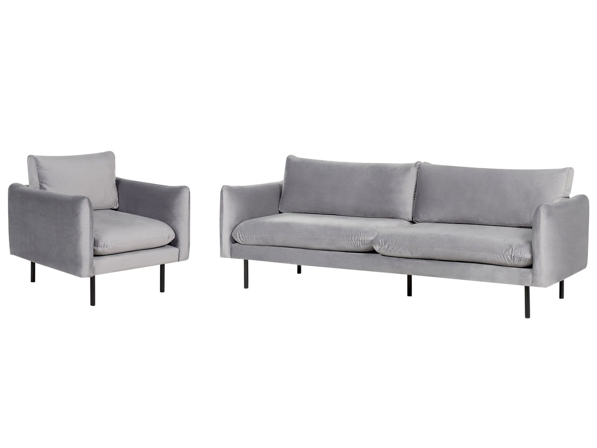 Living Room Set Grey Velvet Fabric Black Legs Corner Sofa 3 Seater Armchair Modern Retro Style Beliani