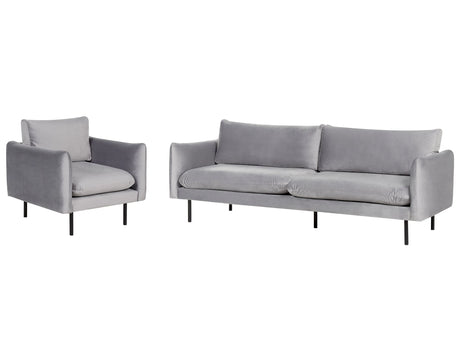 Living Room Set Grey Velvet Fabric Black Legs Corner Sofa 3 Seater Armchair Modern Retro Style Beliani