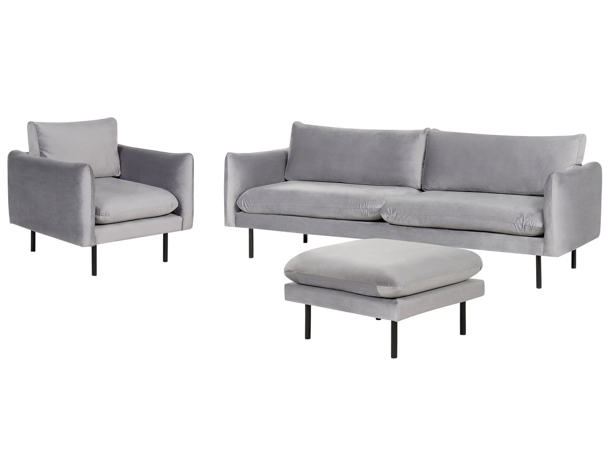 Living Room Set with Ottoman Grey Velvet Fabric Black Legs Corner Sofa 3 Seater Armchair Footstool Modern Retro Style Beliani