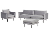 Living Room Set with Ottoman Grey Velvet Fabric Black Legs Corner Sofa 3 Seater Armchair Footstool Modern Retro Style Beliani