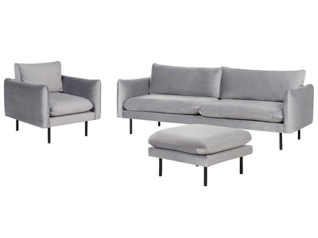Living Room Set with Ottoman Grey Velvet Fabric Black Legs Corner Sofa 3 Seater Armchair Footstool Modern Retro Style Beliani