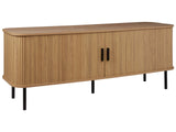 TV Stand Light Wood Black Legs MDF Metal TV Up To 70 Retro Sliding Cabinet Cable Management Living Room Beliani