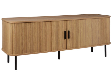 TV Stand Light Wood Black Legs MDF Metal TV Up To 70 Retro Sliding Cabinet Cable Management Living Room Beliani