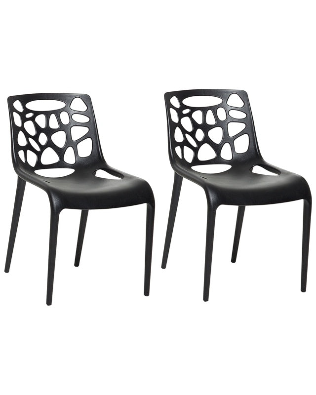 Set of 2 Dining Chairs Black Plastic Seat Carved Pattern Back Garden Outdoor Kitchen Modern Design Beliani