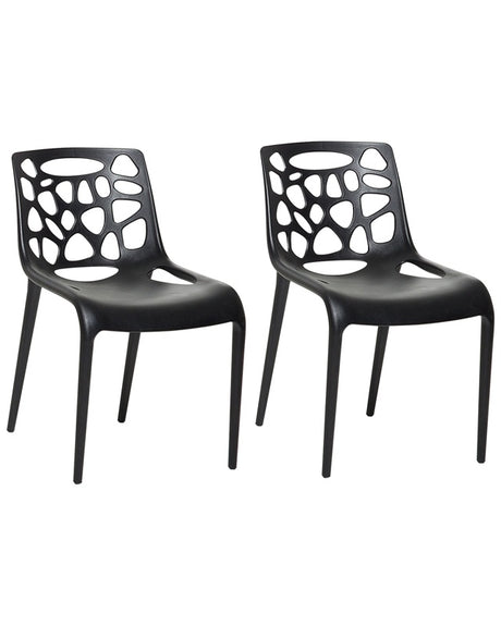 Set of 2 Dining Chairs Black Plastic Seat Carved Pattern Back Garden Outdoor Kitchen Modern Design Beliani