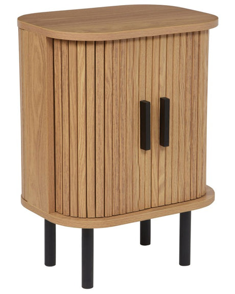 Nightstand Bedside Table Light Wood Black Legs MDF Metal 40 x 30 cm Retro Sliding Cabinet Living Room Beliani