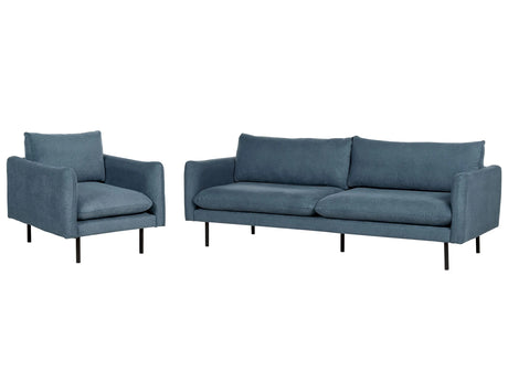 Living Room Set Blue Chenille Black Legs Corner Sofa 3 Seater Armchair Modern Retro Style Beliani