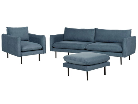Living Room Set with Ottoman Blue Chenille Black Legs Corner Sofa 3 Seater Armchair Footstool Modern Retro Style Beliani