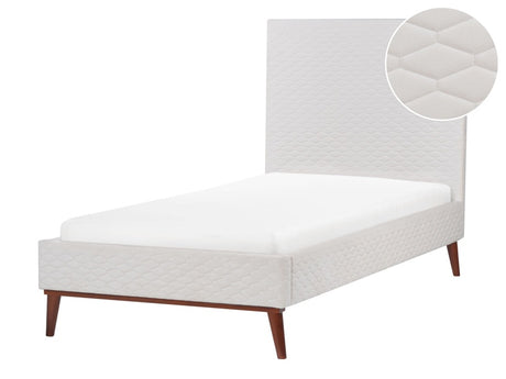 EU Single Bed Off-White  Velvet Fabric 3ft Upholstered Frame Headboard Honeycomb Quilted Modern Design Beliani