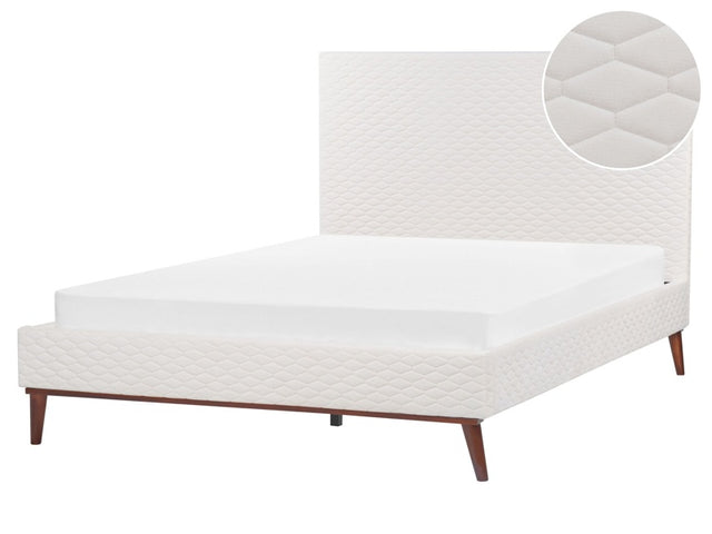 EU Double Bed Off-White Velvet Fabric 4ft6 Upholstered Frame Headboard Honeycomb Quilted Modern Design Beliani