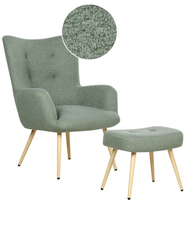 Wingback Chair with Ottoman Light Green Boucle Fabric Buttoned Solid Pattern Retro Style Living Room Beliani