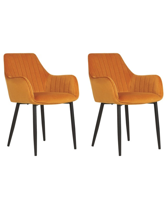 Set of 2 Dining Chairs Orange Velvet Armrests Black Metal Legs Retro Glam Beliani