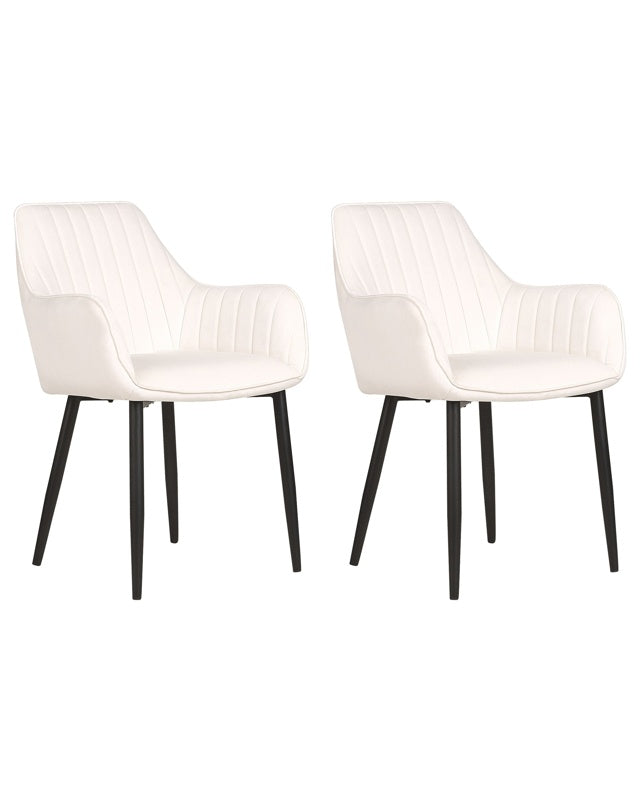 Set of 2 Dining Chairs Off-White Velvet Armrests Black Metal Legs Retro Glam Beliani