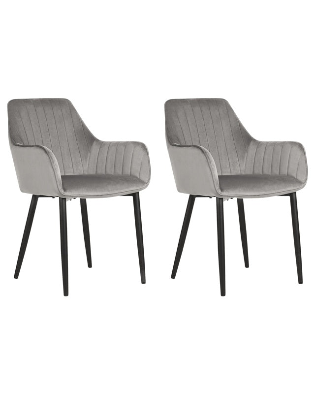 Set of 2 Dining Chairs Grey Velvet Armrests Black Metal Legs Retro Glam Beliani