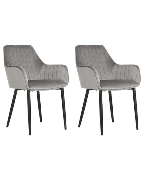 Set of 2 Dining Chairs Grey Velvet Armrests Black Metal Legs Retro Glam Beliani