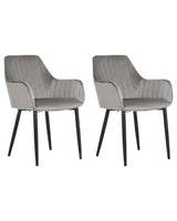Set of 2 Dining Chairs Grey Velvet Armrests Black Metal Legs Retro Glam Beliani