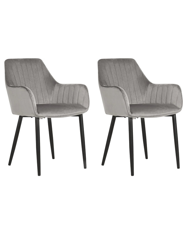 Set of 2 Dining Chairs Grey Velvet Armrests Black Metal Legs Retro Glam Beliani