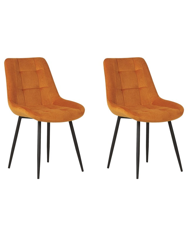 Set of 2 Dining Chairs Orange Velvet Black Iron Legs Modern Upholstered Chairs Beliani