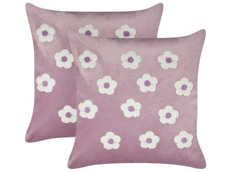 Set of 2 Scatter Cushions Violet Velvet Polyester Fabric Flowers Pattern 45 x 45 cm Pillows for Kids Beliani