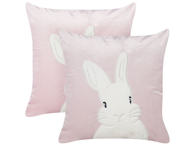 Set of 2 Scatter Cushions Pink Velvet Polyester Fabric Bunny Pattern 45 x 45 cm Pillows for Kids Beliani