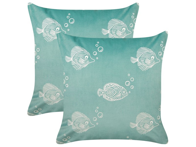 Set of 2 Scatter Cushions Green Velvet Polyester Fabric Fishes Pattern 45 x 45 cm Pillows for Kids Beliani