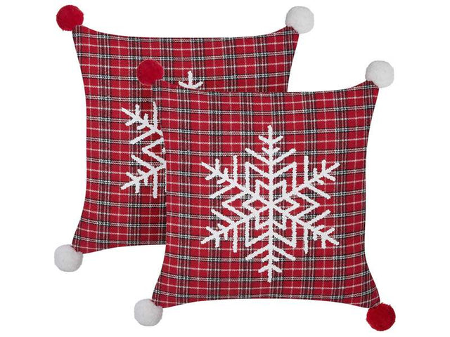 Set of 2 Scatter Cushions Red Polyester Fabric Tartan Christmas Pattern 45 x 45 cm  Beliani