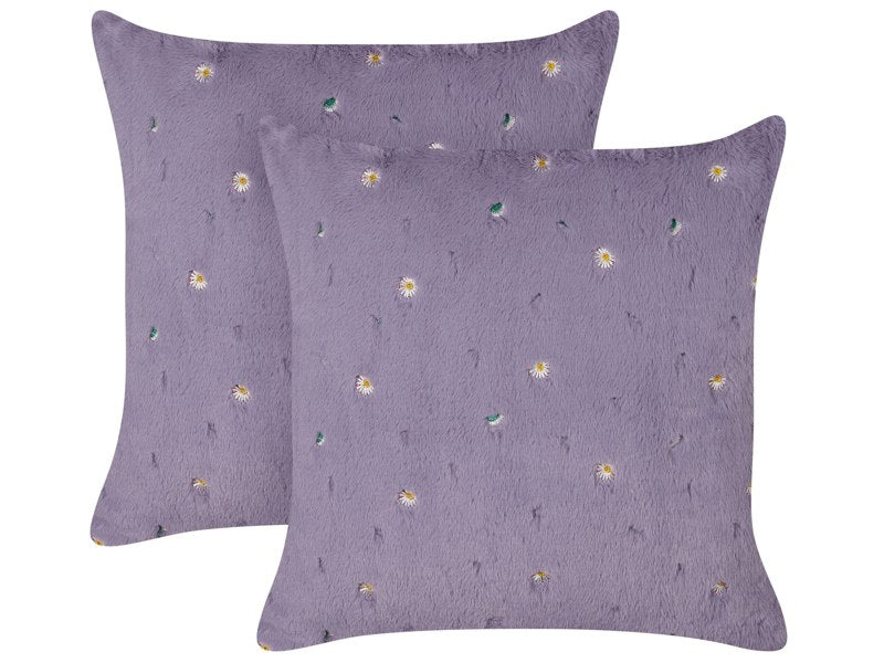 Set of 2 Scatter Cushions Violet Shaggy Polyester Fabric Floral Pattern 45 x 45 cm  Beliani