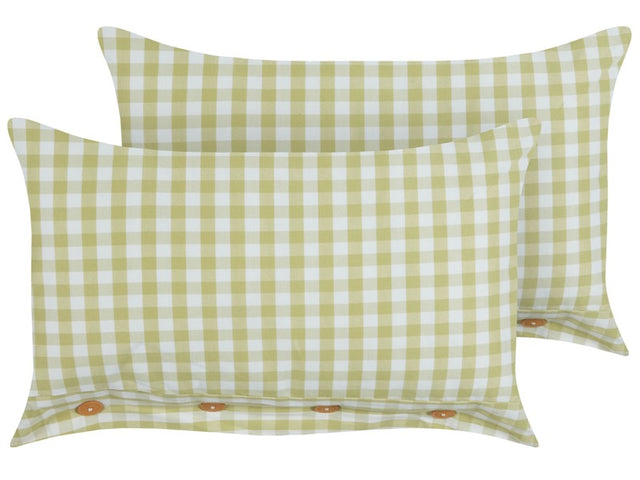 Set of 2 Decorative Cushions Olive Green and White Chequered Pattern 40 x 60 cm Buttons Modern Décor Accessories Bedroom Living Room Beliani