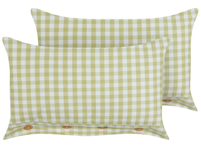 Set of 2 Decorative Cushions Olive Green and White Chequered Pattern 40 x 60 cm Buttons Modern Dcor Accessories Bedroom Living Room Beliani