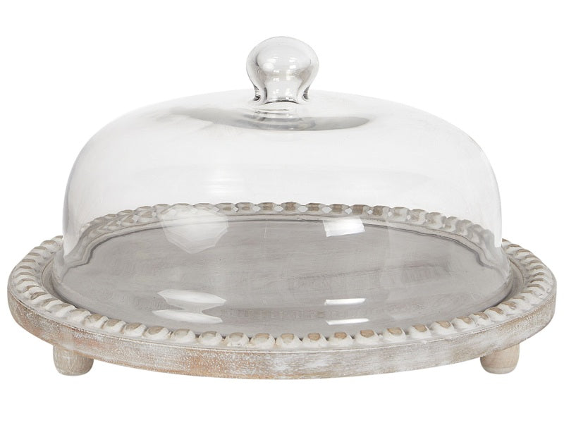 Cake Stand With Lid Light Mango Wood Glass 29 x 29 x 16 cm Decorative Serving Tray Cake Dome Pastry Holder Beliani