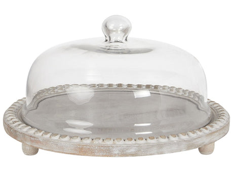 Cake Stand With Lid Light Mango Wood Glass 29 x 29 x 16 cm Decorative Serving Tray Cake Dome Pastry Holder Beliani