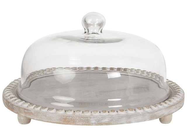 Cake Stand With Lid Light Mango Wood Glass 29 x 29 x 16 cm Decorative Serving Tray Cake Dome Pastry Holder Beliani