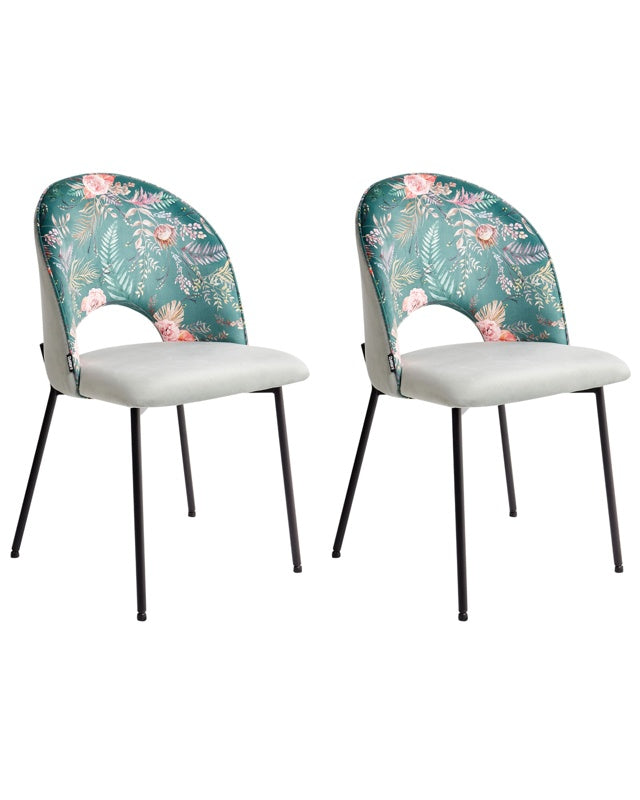 Set of 2 Dining Chairs Green Velvet Upholstery Floral Pattern Black Legs Retro Glamour Beliani