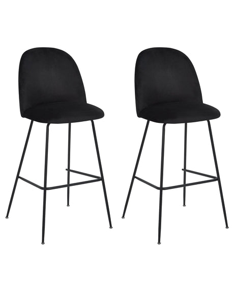 Set of 2 Bar Chairs Black Velvet Upholstery Black Steel Frame Counter Height Seat Dining Room Furniture Glam Design Beliani