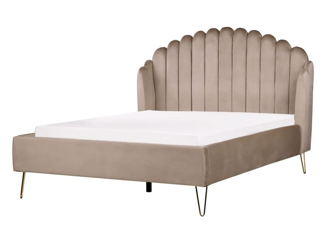 Bed Frame Taupe Velvet Upholstery EU Double Size 4ft6 Metal Legs Retro Design Chanell Shell Headboard Beliani