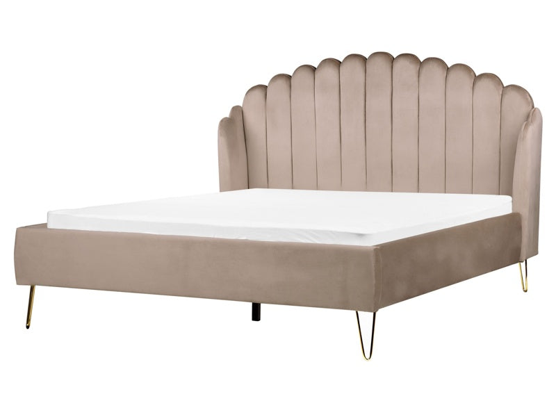 Bed Frame Taupe Velvet Upholstery EU King Size 5ft3 Metal Legs Retro Design Chanell Shell Headboard Beliani