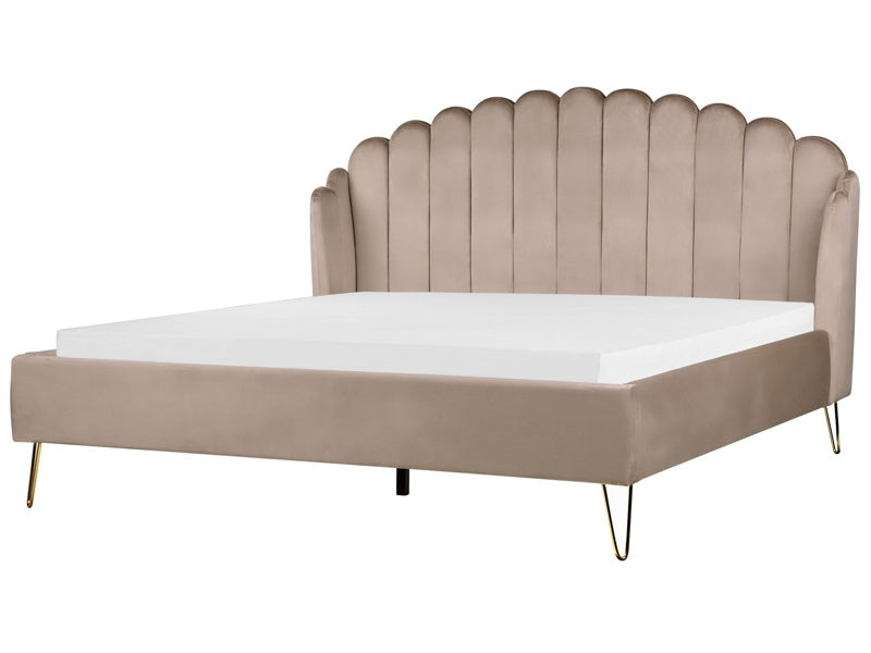 Bed Frame Taupe Velvet Upholstery EU Super King Size 6ft Metal Legs Retro Design Chanell Shell Headboard Beliani