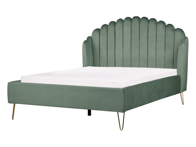 Bed Frame Green Velvet Upholstery EU Double Size 4ft6 Metal Legs Retro Design Chanell Shell Headboard Beliani