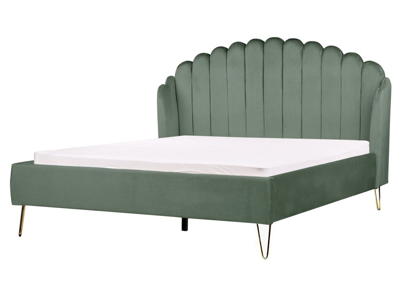 Bed Frame Green Velvet Upholstery EU King Size 5ft3 Metal Legs Retro Design Chanell Shell Headboard Beliani