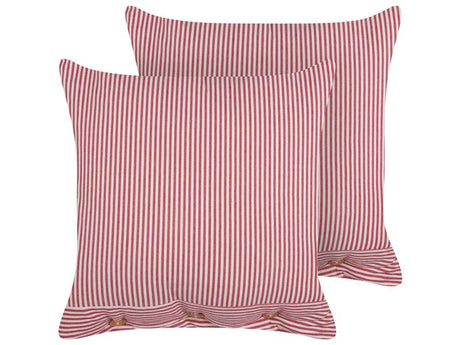 Set of 2 Decorative Cushions Red and White Cotton 45 x 45 cm Striped Pattern Buttons Retro Décor Accessories Bedroom Living Room Beliani