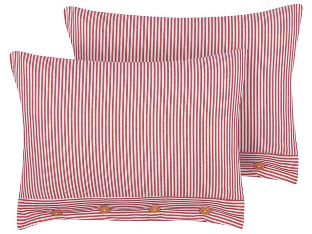 Set of 2 Decorative Cushions Red and White Cotton 40 x 60 cm Striped Pattern Buttons Retro Décor Accessories Bedroom Living Room Beliani