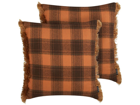 Set of 2 Decorative Cushions Orange and Black 45 x 45 cm Chequered Pattern with Fringes Retro Dcor Accessories Bedroom Living Room Beliani