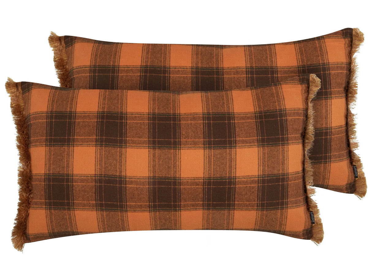 Set of 2 Decorative Cushions Orange and Black 40 x 70 cm Chequered Pattern with Fringes Retro Dcor Accessories Bedroom Living Room Beliani