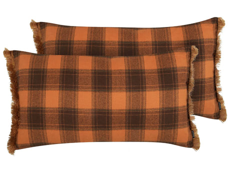 Set of 2 Decorative Cushions Orange and Black 40 x 70 cm Chequered Pattern with Fringes Retro Dcor Accessories Bedroom Living Room Beliani