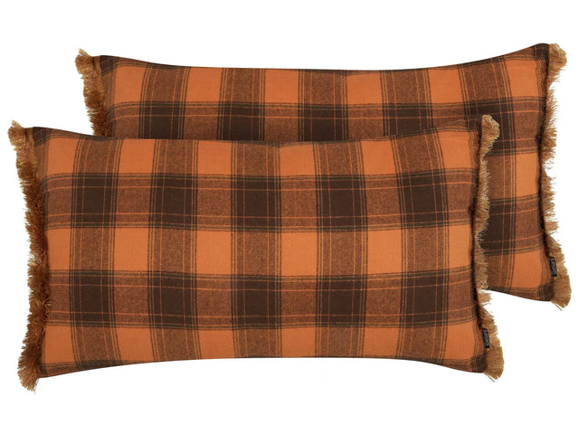 Set of 2 Decorative Cushions Orange and Black 40 x 70 cm Chequered Pattern with Fringes Retro Dcor Accessories Bedroom Living Room Beliani