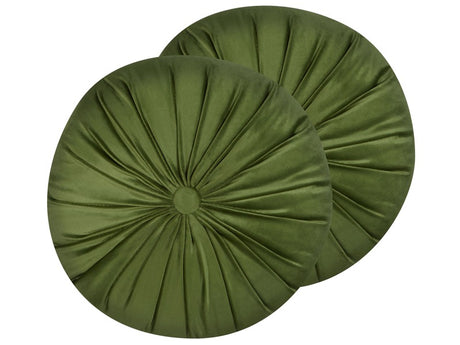 Set of 2 Decorative Cushions Green Velvet 38 cm Round Pleated Retro Décor Accessories Bedroom Living Room Beliani