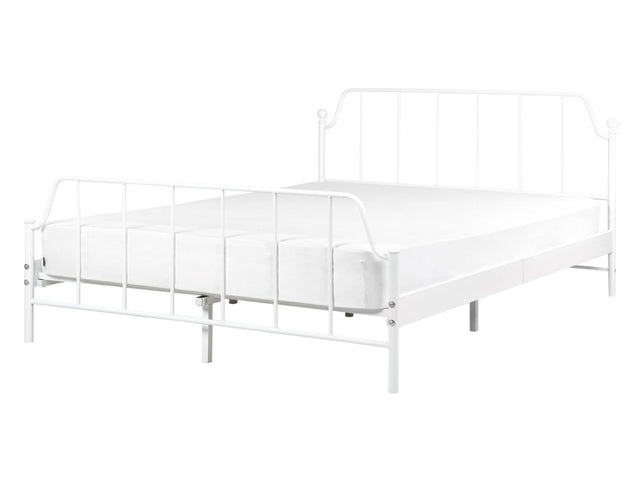 Bed Frame White Metal 140 x 200 cm EU Double Size 4ft6 Poplar Wood Slats Industrial Minimalist Bedroom Beliani